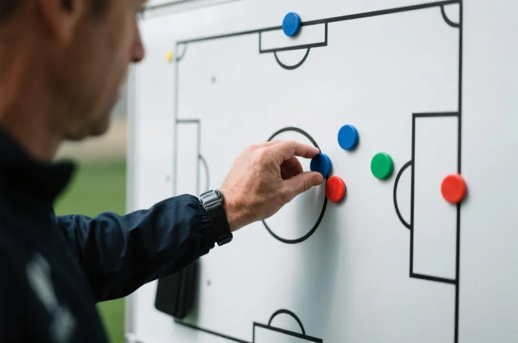 Close-up of a tactical whiteboard with soccer field lines and magnetic pieces
