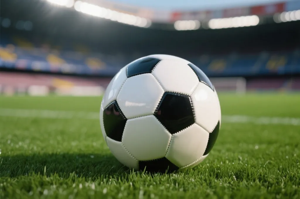 Close-up of a soccer ball on the lush green grass of a professional stadium with blurred background